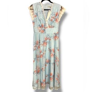 NWT Fehaute Floral Blue Dress with Lace Trim‎ Sz 4